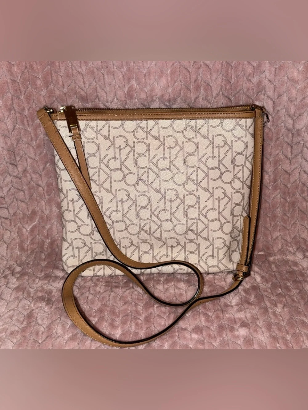 Calvin Klein Cream Logo Tote with Tan Trim